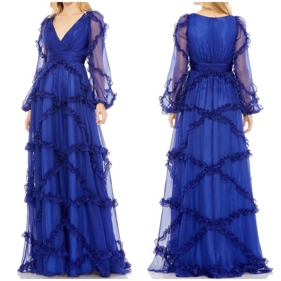 Mac Duggal Dresses & Skirts - Mac Duggal NWT V Neck Cascade Ruffle Tiered Puff Sleeve Gown Sapphire Size 12